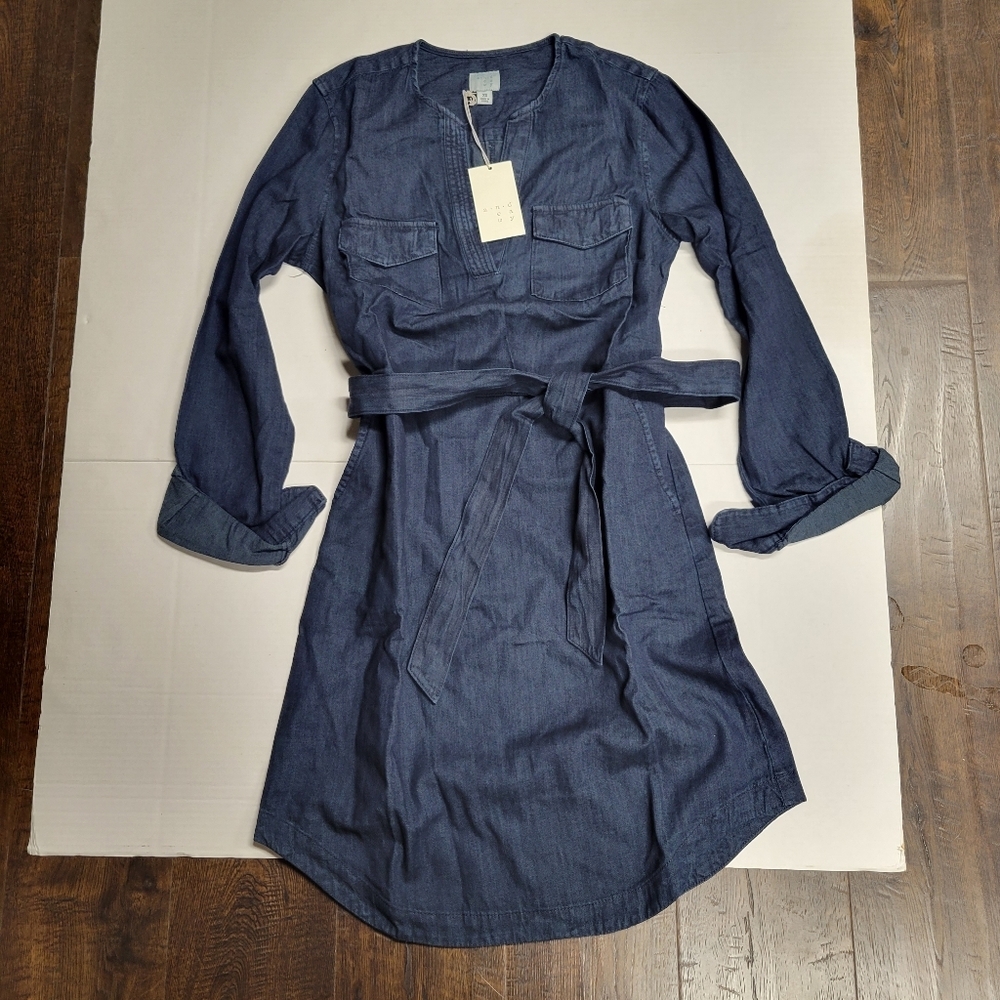 A NEW DAY Denim Long Sleeve Shirt Dress Tie Waist Dark Blue Size XS - Picture 2 of 5